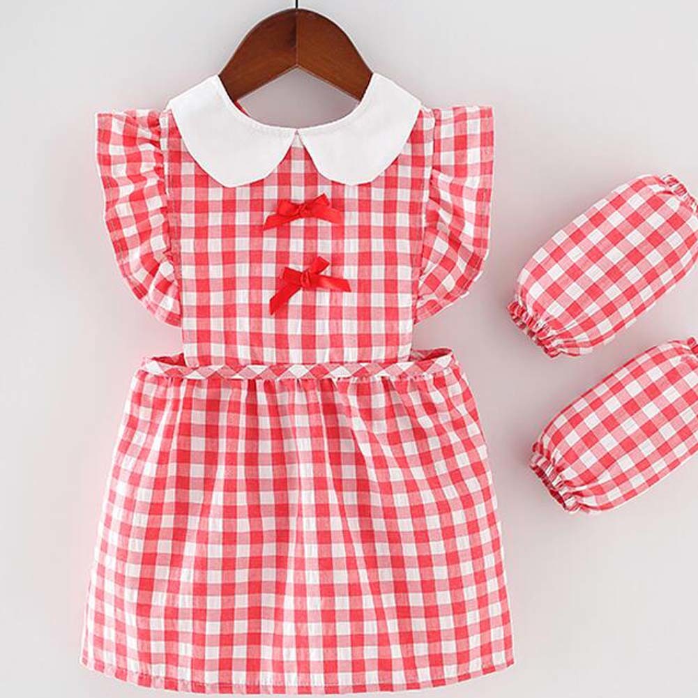 Red Grid Baby Smock Girls Inner Waterproof Apron Bibs Kids Apron Princess Eating Painting Apron